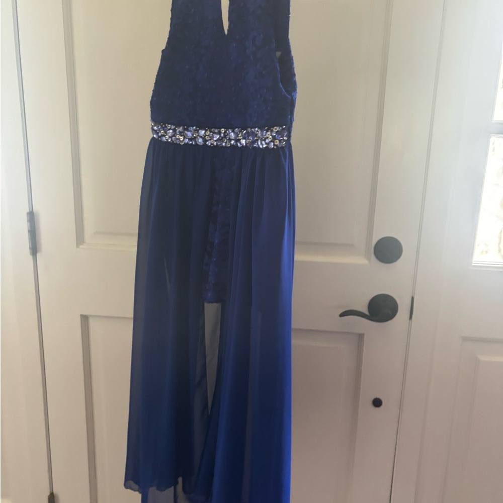 Speechless Blue Plunge Neck Sleeveless Gown for Prom
